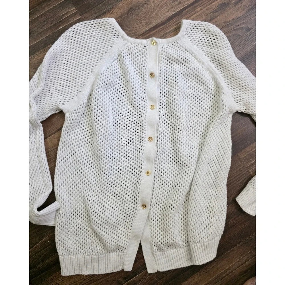 Michael Kors White Open Knit Button Back Sweater Womens Large Raglan Mesh luxury